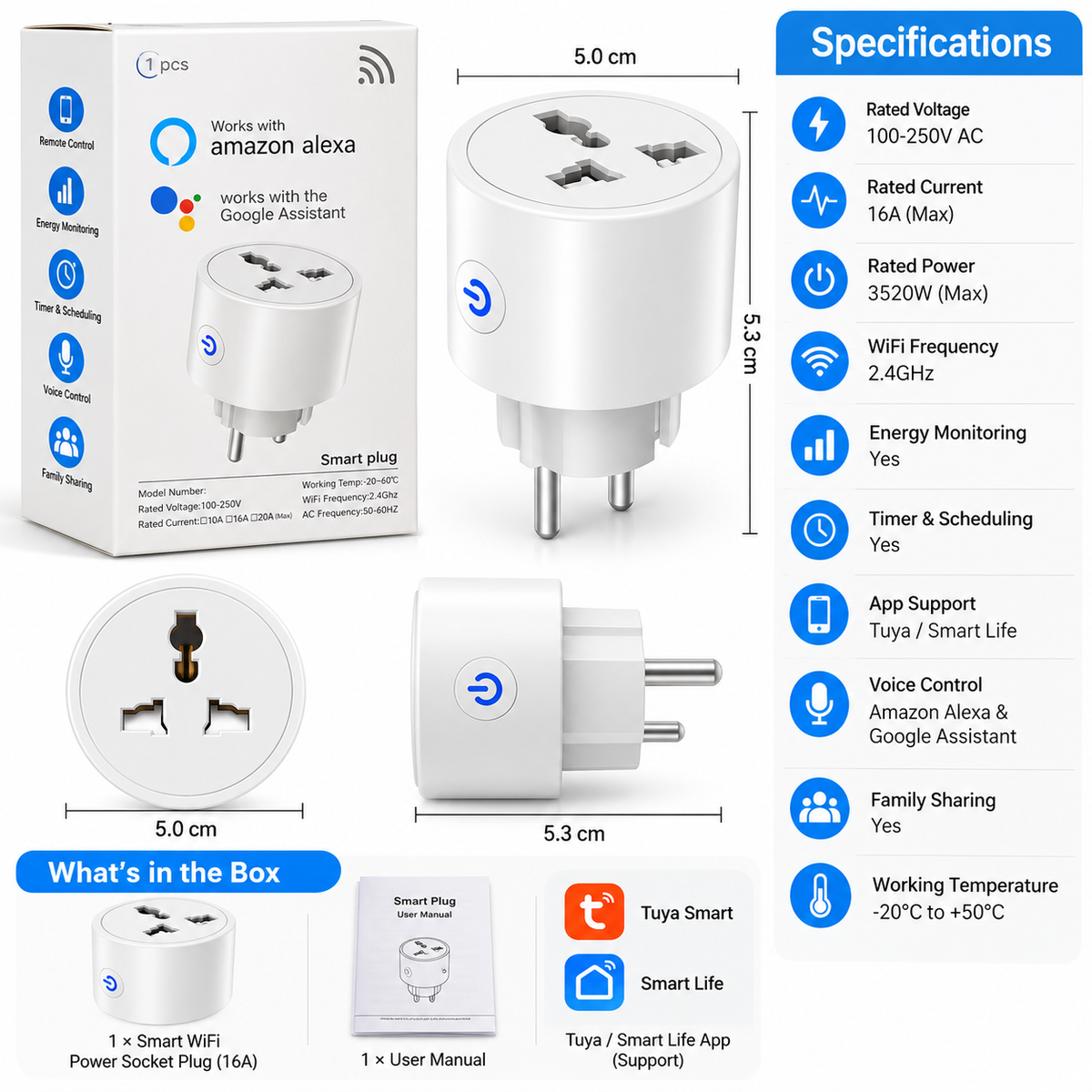 Smart WiFi Power Socket Plug 16A with Energy Monitoring – Tuya Smart Life