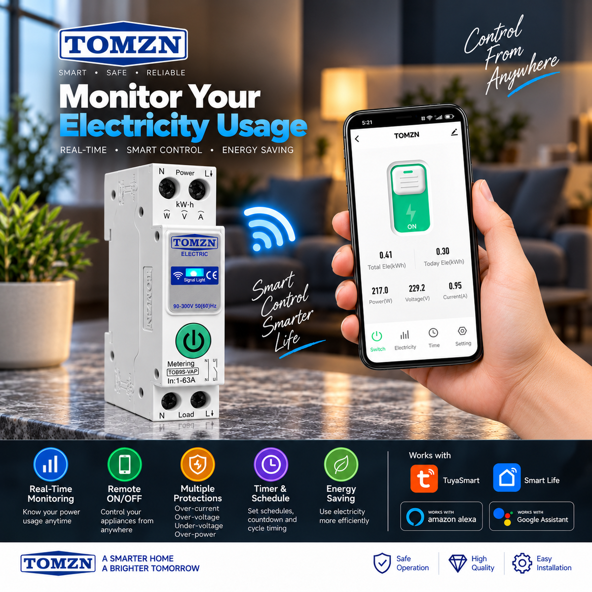 TOMZN TOB9S-VAP - 8 in 1 63A Smart WiFi Breaker | New Upgraded Model