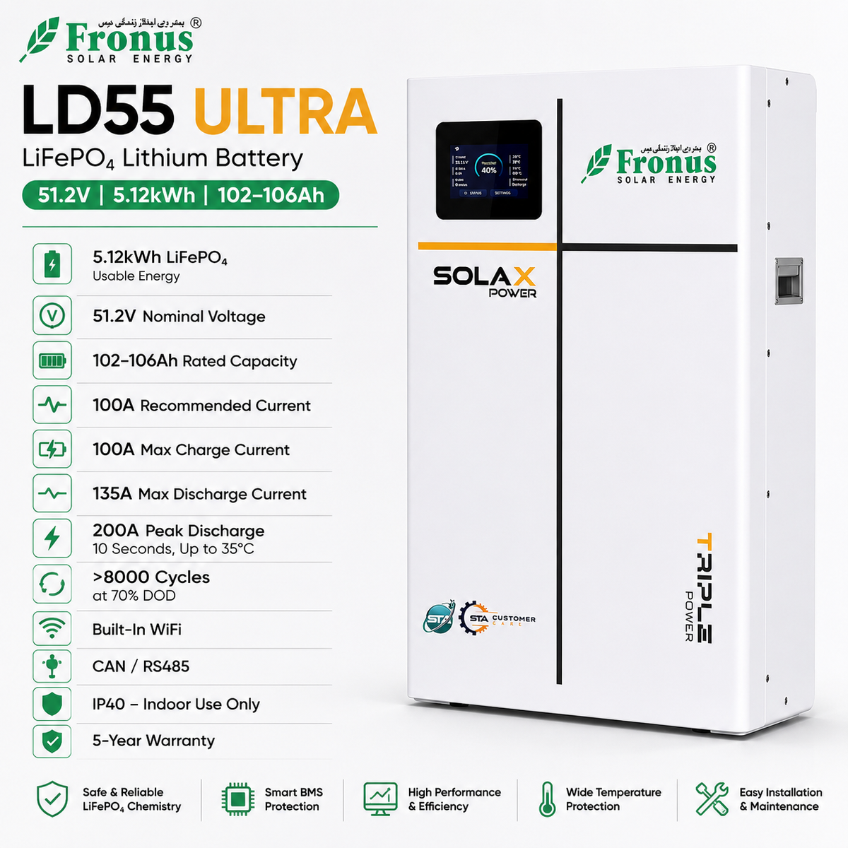 Fronus LD55 Ultra 5.12kWh 51.2V LiFePO₄ Lithium Battery with WiFi