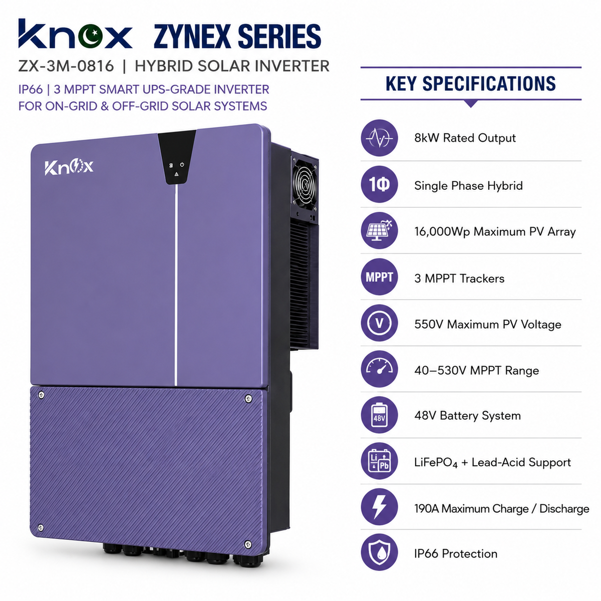 Knox Zynex ZX-3M-0816 8kW 48V Hybrid Solar Inverter – IP66