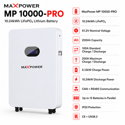 MaxPower MP 10000-PRO 10.24kWh 51.2V 200Ah LiFePO₄ Lithium Battery