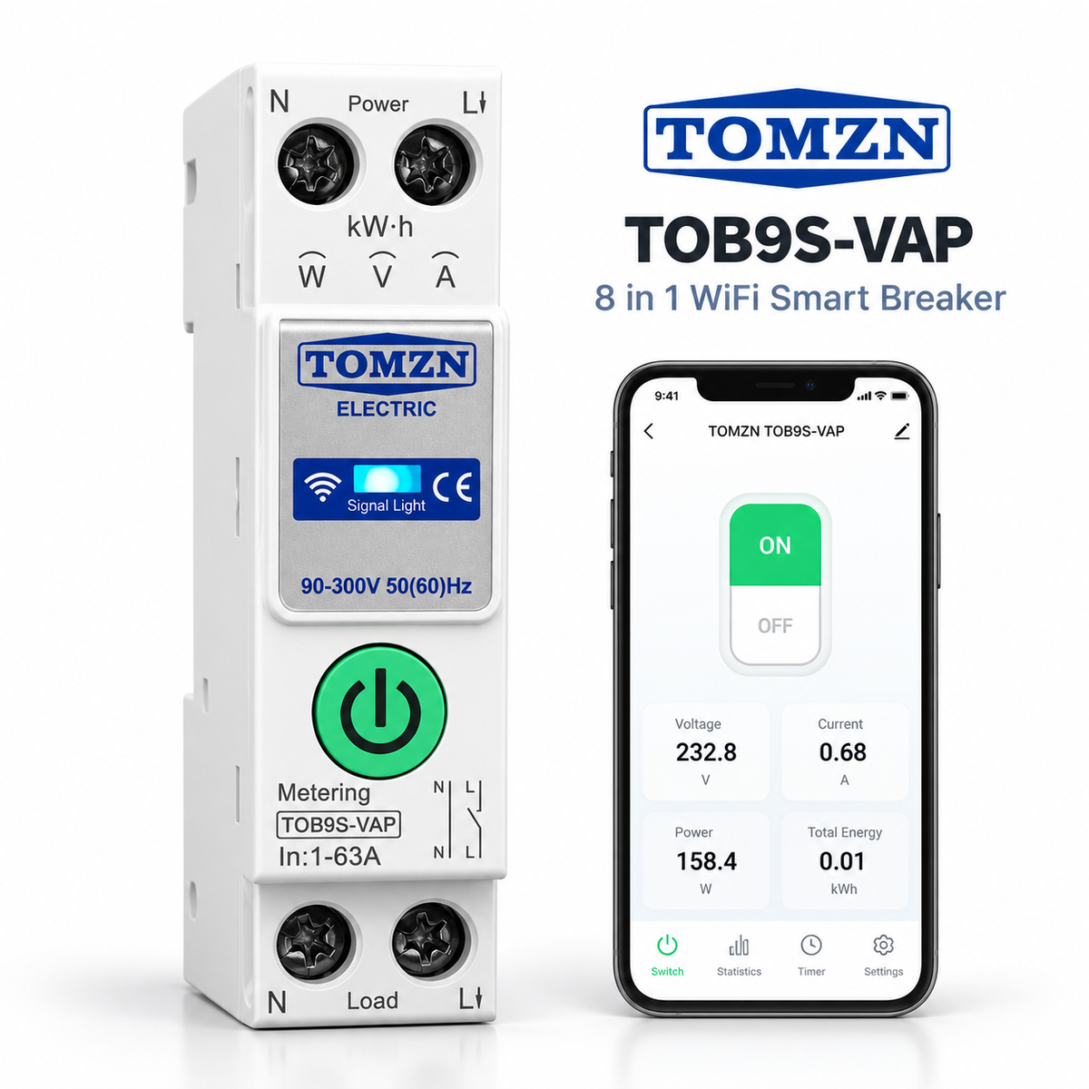 TOMZN TOB9S-VAP - 8 in 1 63A Smart WiFi Breaker | New Upgraded Model