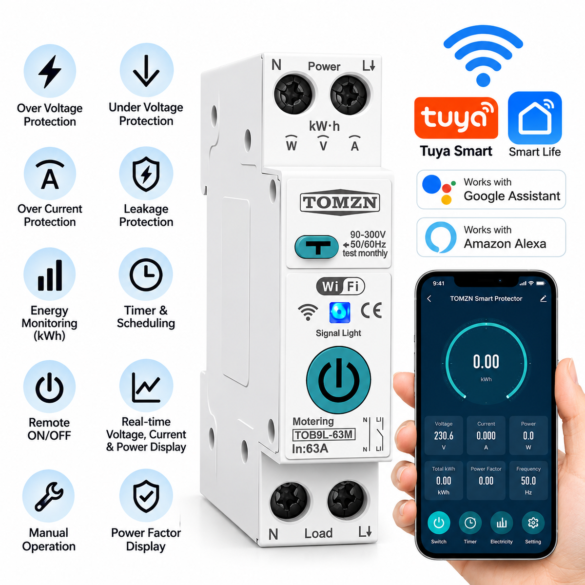 TOMZN TOB9L-63M 63A Smart WiFi 10-in-1 Protector Switch