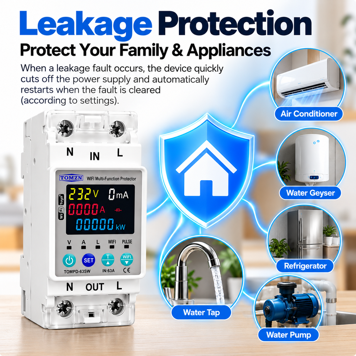 TOMZN TOMPD-63SW 63A Smart WiFi Protector 10-in-1 with Leakage Protection