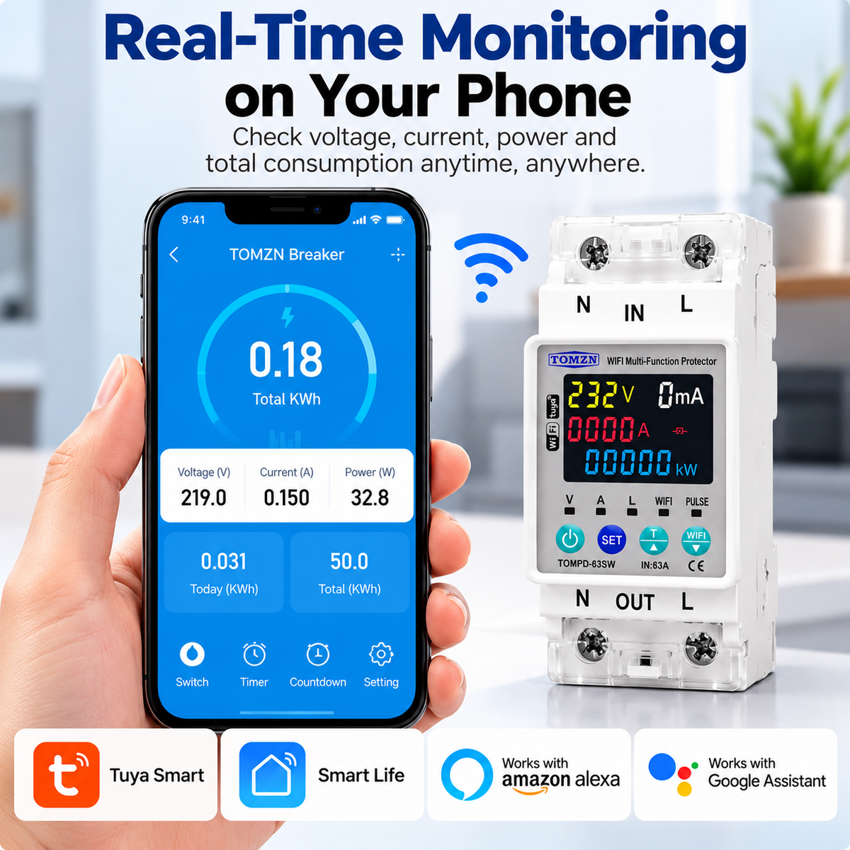 TOMZN TOMPD-63SW 63A Smart WiFi Protector 10-in-1 with Leakage Protection