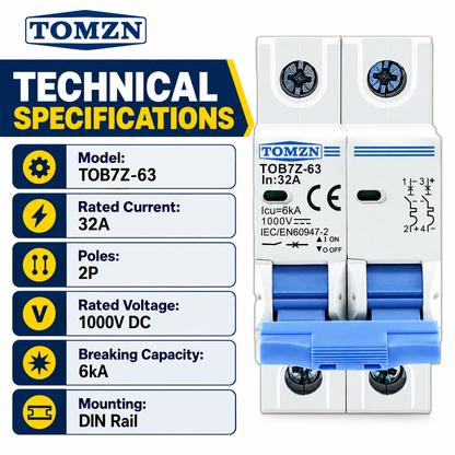 TOMZN TOB7Z-63 32A 2P 1000V DC Solar Circuit Breaker