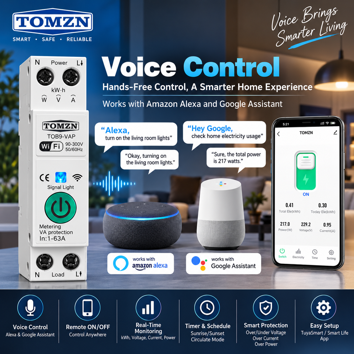 TOMZN TOB9-VAP 63A Smart WiFi Circuit Breaker with Energy Monitoring