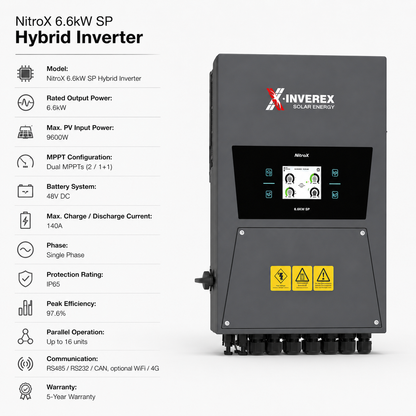 Inverex NitroX 6.6kW SP Hybrid Solar Inverter – 48V, Dual MPPT, IP65